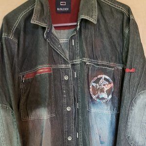 Bugle Boy, Denim Long Sleeve Shirt distressed, Size Large